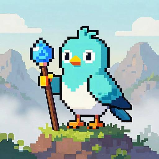 Pixel Art Bird on Misty Peak