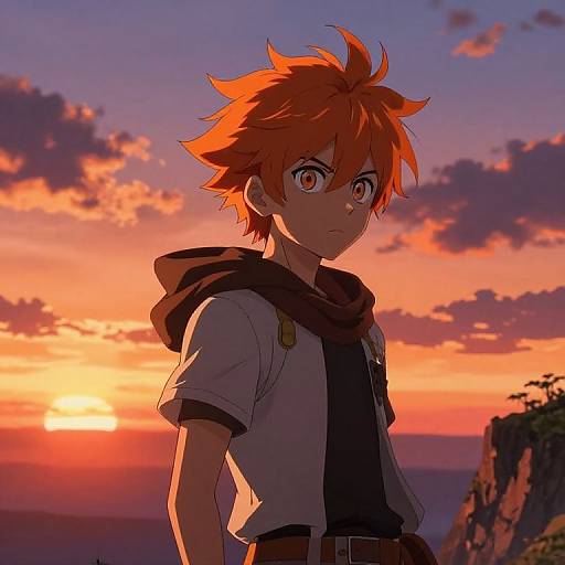 Digital anime-style drawing of a young boy with spiky orange hair, wearing a white shirt and black scarf, standing at sunset by a rocky cliff.