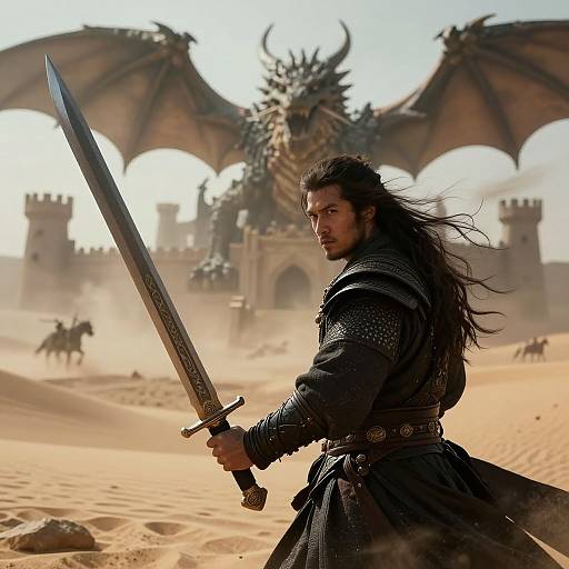 Photorealistic digital artwork of a long-haired, bearded warrior with a dragon sword, standing in a desert, facing a dragon in front of a