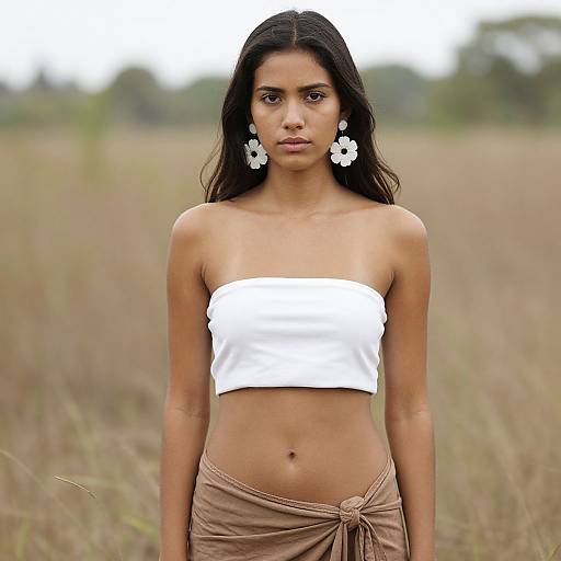 Photograph of a young South Asian woman with long dark hair, white strapless top, brown skirt, white flower earrings, standing in a grassy