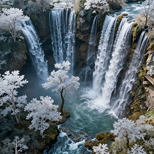 Photograph of a cascading waterfall surrounded by white, frost-covered trees against dark, rocky cliffs, creating a striking contrast of colors and textures.
