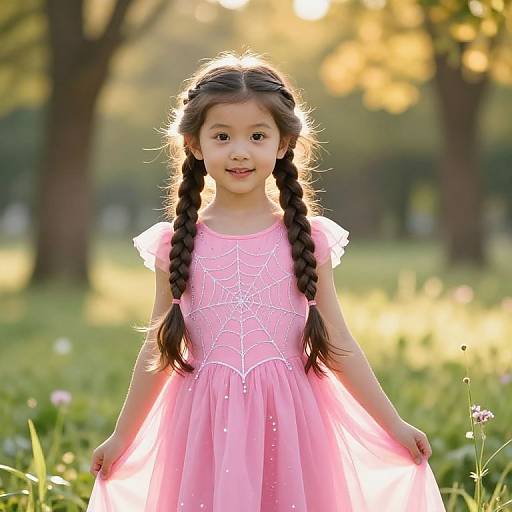 Photograph of an adorable Asian girl with braided hair, wearing a pink spiderweb-patterned dress, standing in a sunlit park.
