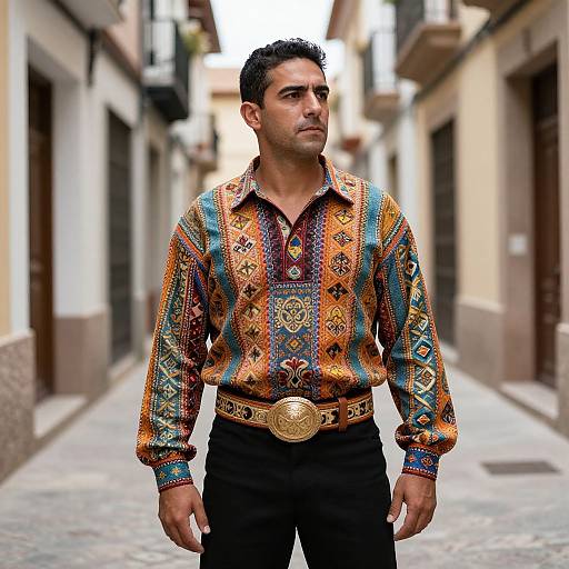 Photograph of a muscular, dark-haired man in a vibrant, patterned orange and blue shirt, black pants, and a large gold-buckled