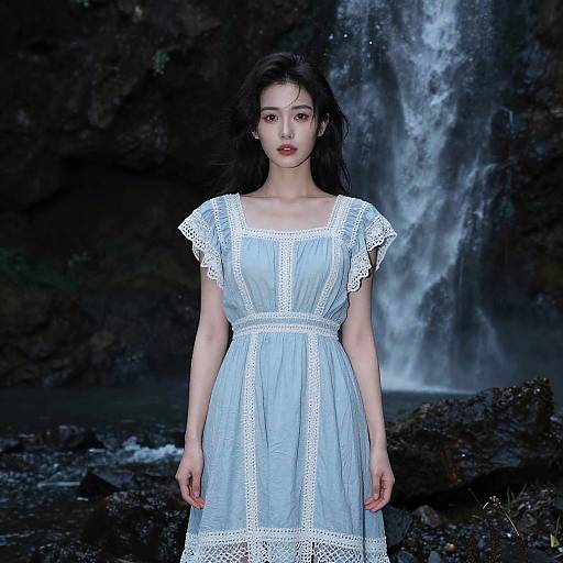 Woman by Waterfall in Blue Dress