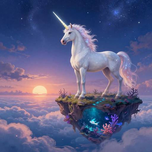 Digital painting of a glowing white unicorn with a shining horn standing on a floating island, surrounded by vibrant corals and a starry, sunset sky.