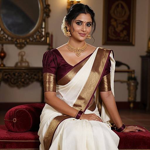 Photograph of a beautiful South Asian woman in a white and gold saree with maroon blouse, gold jewelry, and elegant smile, seated on a
