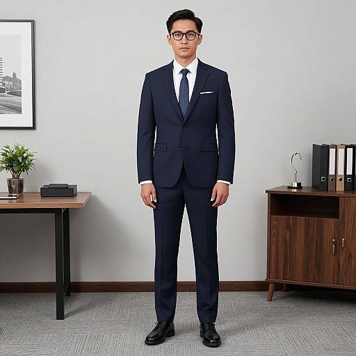 Photograph of an Asian man in a black suit, white shirt, blue tie, and black glasses, standing in a modern office with wooden furniture and