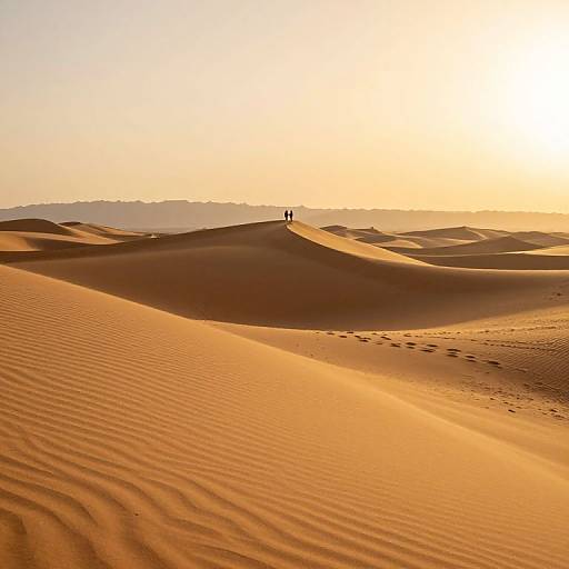 Photograph of two small figures standing on a golden desert dune at sunset, with rippled sand and distant mountain silhouettes.