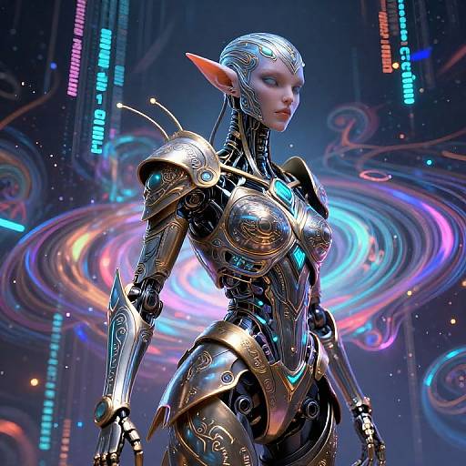 Digital art of a futuristic, elf-like female android with silver armor, glowing blue accents, and pointed ears, set against a colorful, neon-lit