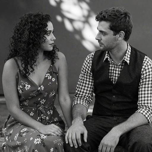 Black-and-white photograph of a curly-haired woman in a floral dress and a bearded man in a checkered shirt and vest, sitting and looking at