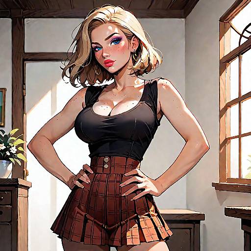 Blonde Woman in Plaid Skirt and Crop Top