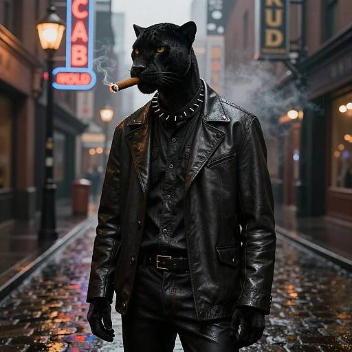 Photograph of a black panther wearing a leather jacket, smoking a cigar, standing in a rainy, neon-lit urban alley.