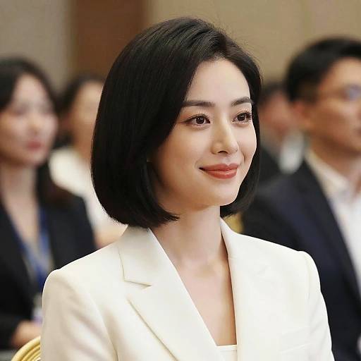 Photograph of an East Asian woman with a short black bob, wearing a white blazer, smiling subtly, blurred background with people in formal attire.