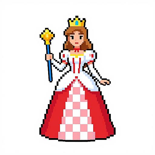 Pixel art of a queen with brown hair, wearing a white and red checkered gown, golden crown, and holding a yellow-tipped wand.