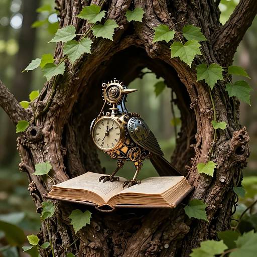 Photograph of a steampunk clock bird perched on an open book, nestled in a hollow tree surrounded by green leaves.
