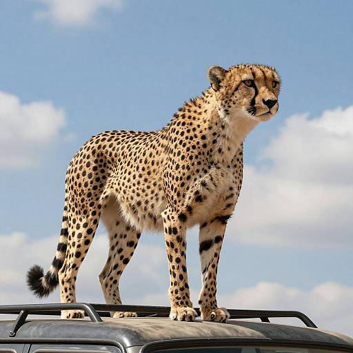 Cheetah on Vehicle Roof under Blue Sky