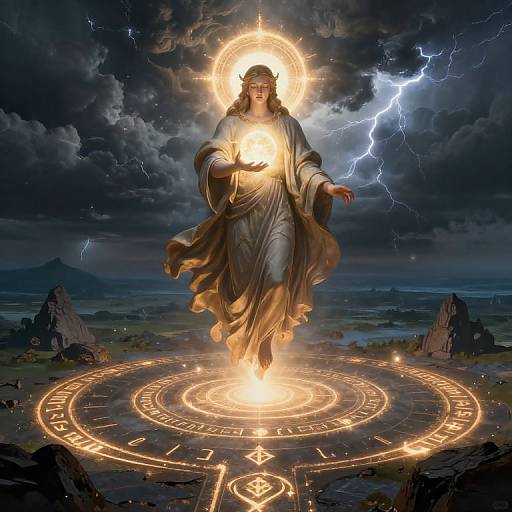 Digital artwork of Jesus Christ with a glowing halo, holding a radiant orb, standing on a circular, illuminated rune symbol, amidst a stormy sky with