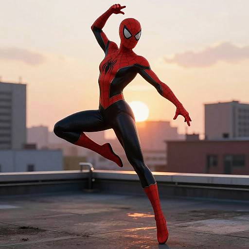 Spiderwoman Dynamic Pose on Rooftop at Sunset