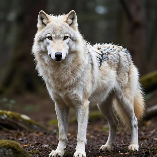 Photograph of a standing gray wolf with white and black fur, piercing eyes, and a thick, bushy tail in a forest.