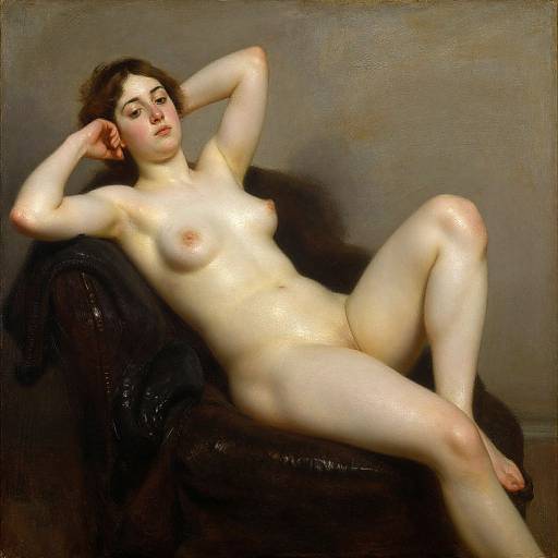 Realistic oil painting of a nude, fair-skinned woman with short brown hair, small breasts, and relaxed pose on a dark leather chair.