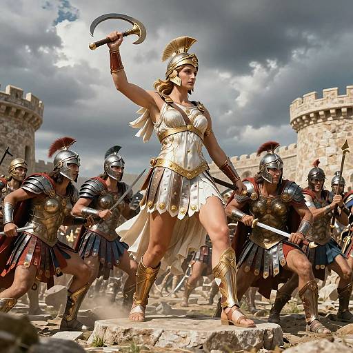 Photorealistic CGI of a fierce female Roman warrior in gold armor and white skirt, leading an army in silver helmets, raising a battle axe, with