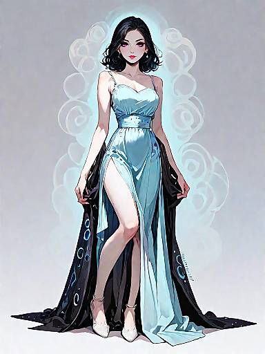 Elegant Woman in Light Blue High-Slit Dress