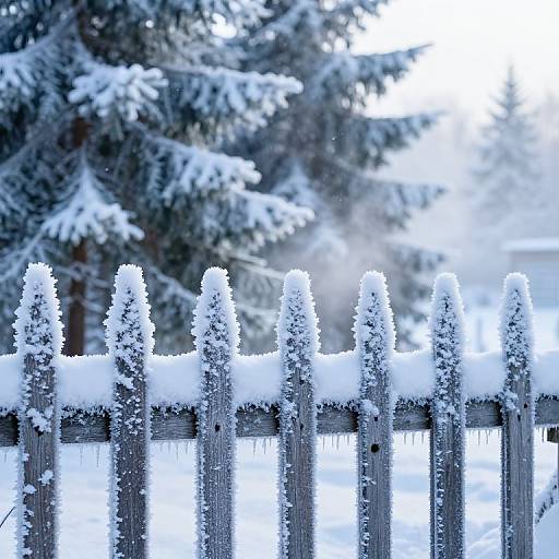 Photograph of a snow-covered wooden picket fence in the foreground with tall, pointed snow mounds, and blurred, snow-laden evergreen trees