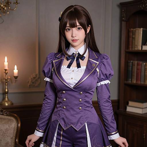 Photograph of a young Asian woman with long black hair in a purple Victorian-style dress, standing in an elegant, dimly-lit library with a
