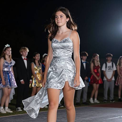 Photograph of a young woman in a silver, floral-patterned, spaghetti-strap dress walking a runway, with blurred audience in colorful outfits behind her