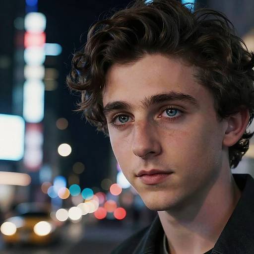 Young Man with Blue Eyes Reflecting Cityscape at Night