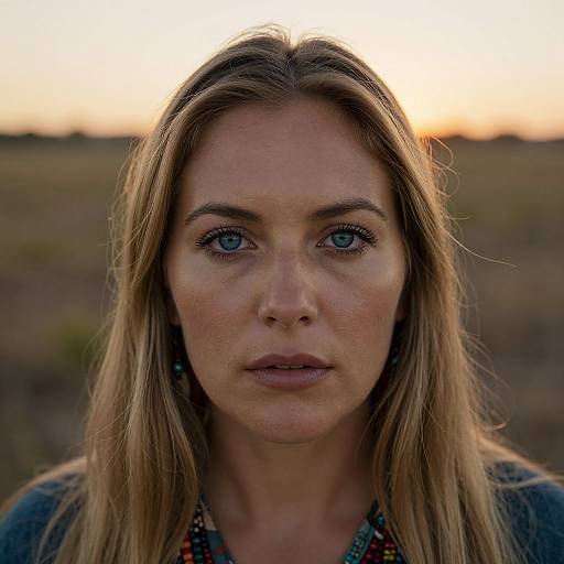 Photograph of a serious, blue-eyed blonde woman with straight hair, wearing a patterned shirt, against a blurred sunset background.