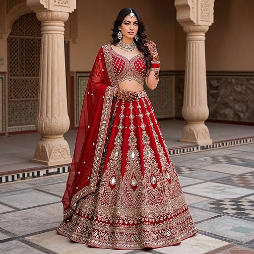 Photograph of a South Asian woman with dark hair, wearing a red, gold-embroidered traditional lehenga and choli, standing in an