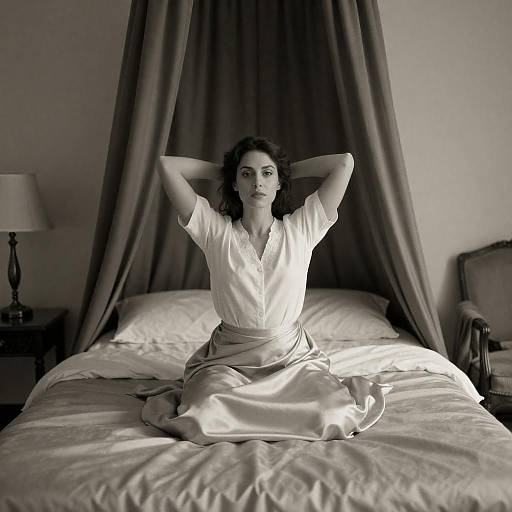 Sepia Portrait of Woman Sitting on Canopy Bed