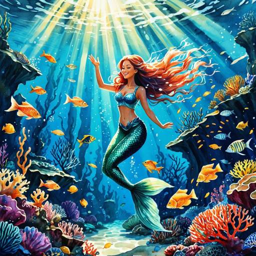 Joyful Mermaid in Vibrant Underwater Coral Reef