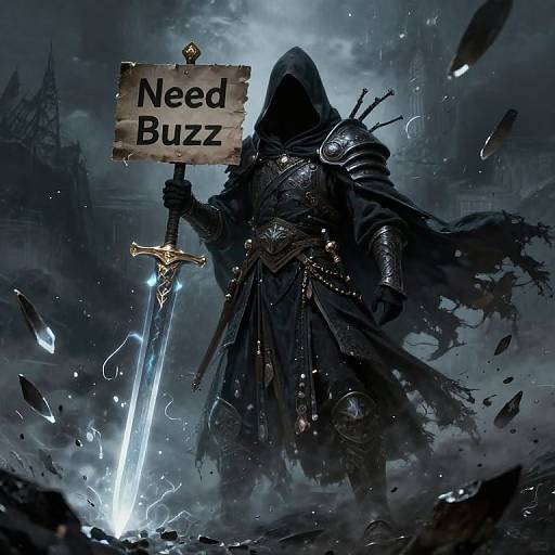 Digital fantasy artwork of a hooded, armored figure holding a glowing sword and a sign reading 