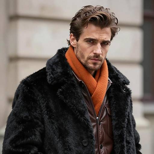 Man in Black Fur Coat and Orange Scarf