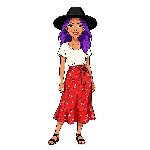 Digital drawing of a smiling woman with purple hair, wearing a black wide-brimmed hat, white T-shirt, red floral skirt, and black sandals