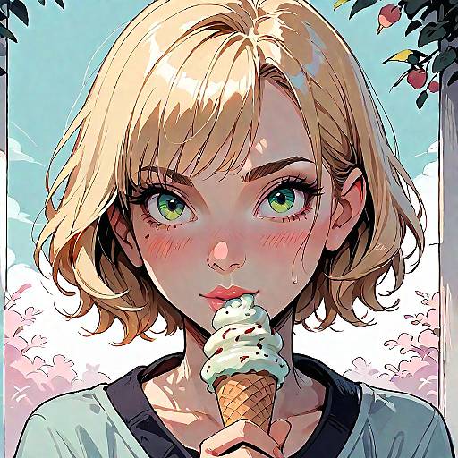 Digital anime-style drawing of a blonde girl with green eyes, blushing cheeks, eating an ice cream cone, against a bright blue sky.