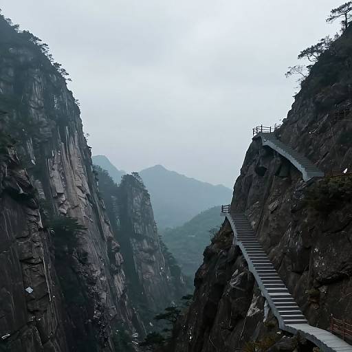Photograph of a narrow, steep mountain staircase ascending between rocky cliffs, with misty, foggy background and sparse trees on both sides.
