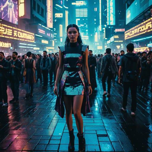Woman in Futuristic Holographic Dress in Cyberpunk City