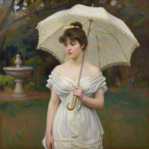 Victorian-era painting of a fair-skinned woman with brown hair, wearing an off-shoulder white dress, holding a lace parasol in a