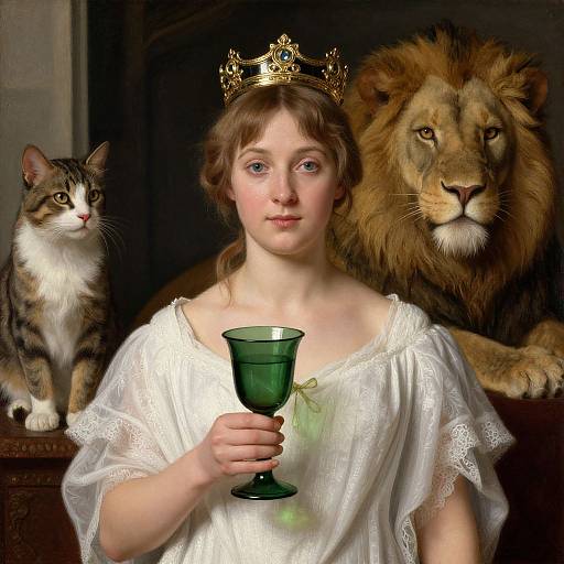 Photorealistic painting of a young woman with a golden crown, white dress, holding a green goblet, flanked by a lion and a tab