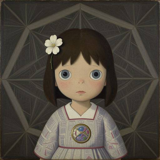 Digital art of a wide-eyed, young girl with short brown hair, a white flower, and a geometric-patterned dress, set against a dark,