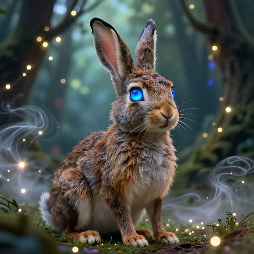 Digital artwork of a magical, blue-eyed rabbit with glowing fur, sitting in a mystical forest illuminated by twinkling fairy lights.