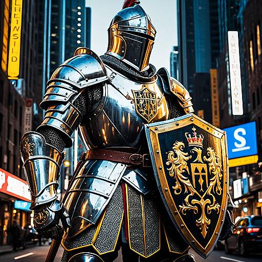 Medieval Knight in Armor with Shield in City