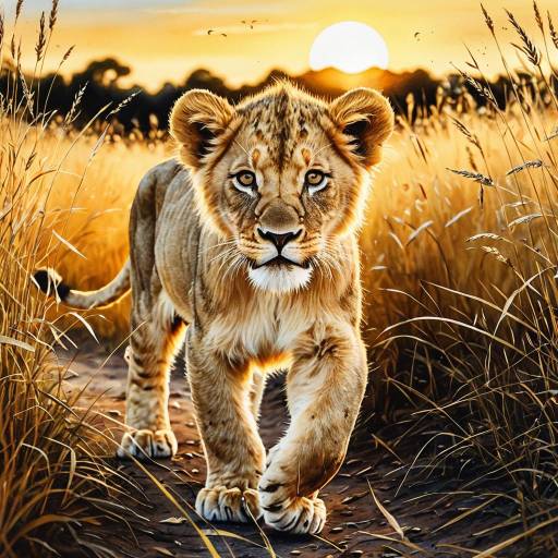 Lion Cub in Golden Savanna at Sunset