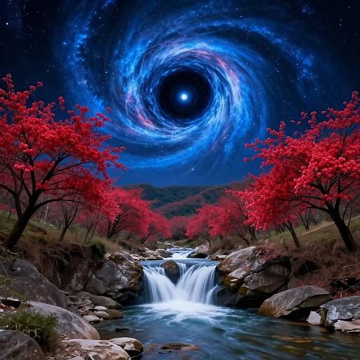 Digital artwork: Vibrant red-leafed trees frame a cascading waterfall under a swirling blue galaxy with a bright star, set against a starry