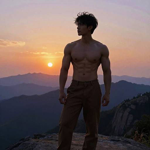 Photograph of a muscular, shirtless Asian man with tousled hair, standing against a sunset over mountainous landscape, wearing dark pants.