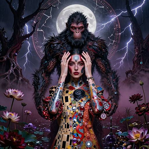 Digital art: Pale woman with colorful mosaic dress, hands on head, stands before dark, furry ape under electrified full moon, surrounded by purple flowers