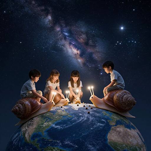 Photograph of four children with snails, sitting on Earth, holding candles, illuminating Milky Way galaxy in starry night sky.